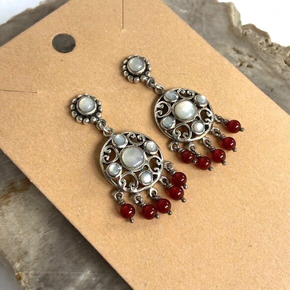Sterling Silver 925 White Mother Of Pearl Red Beaded Chandelier Dangle Earrings - Picture 12 of 16